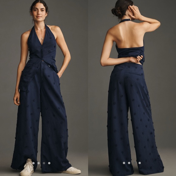 Maeve Pants - 2 pieces Linen blend halter vest + Tailored linen blend embellished trousers